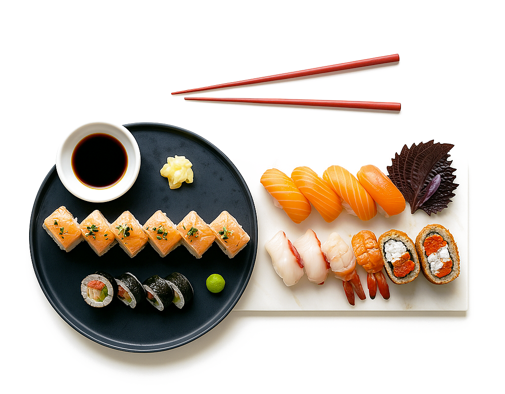 Plateau raffiné de sushis nigiri et maki avec sauce soja et baguettes rouges sur fond blanc